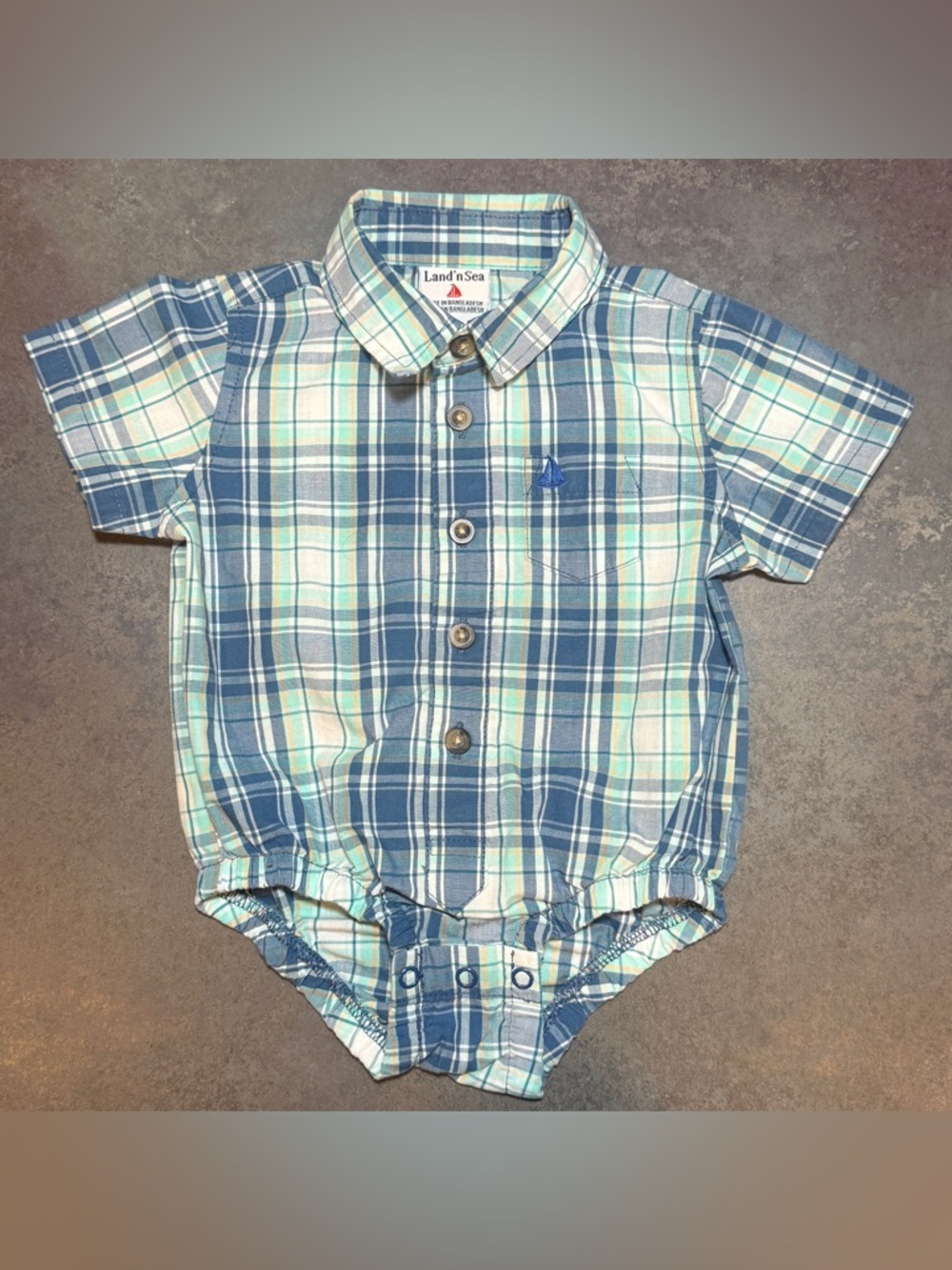 Land’n Sea 9M Plaid Button Up Bodysuit Blue Sailboat Collared One Piece
